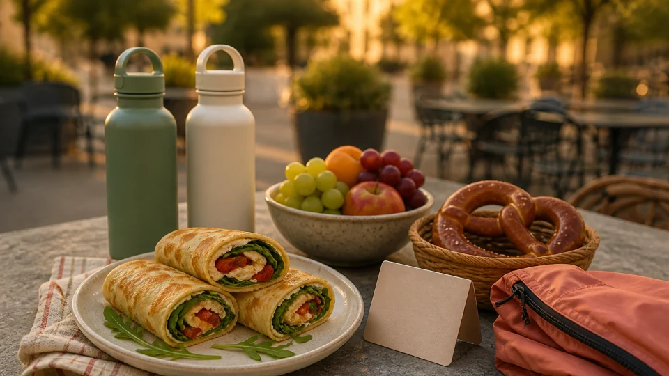 Editorial plaza meal with savoury pancake rolls, fruit, pretzels, plain water bottles, a blank card and a compact rain layer.