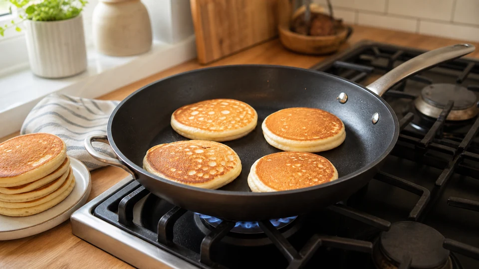 Golden pancakes cooking in a wide skillet centered over a modest gas flame, with a finished stack beside the stove.