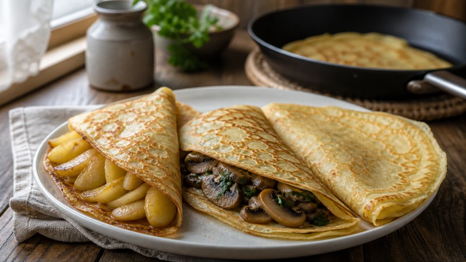 Editorial setup illustrating german eierkuchen: thin, flexible pancakes for sweet or savory fillings.