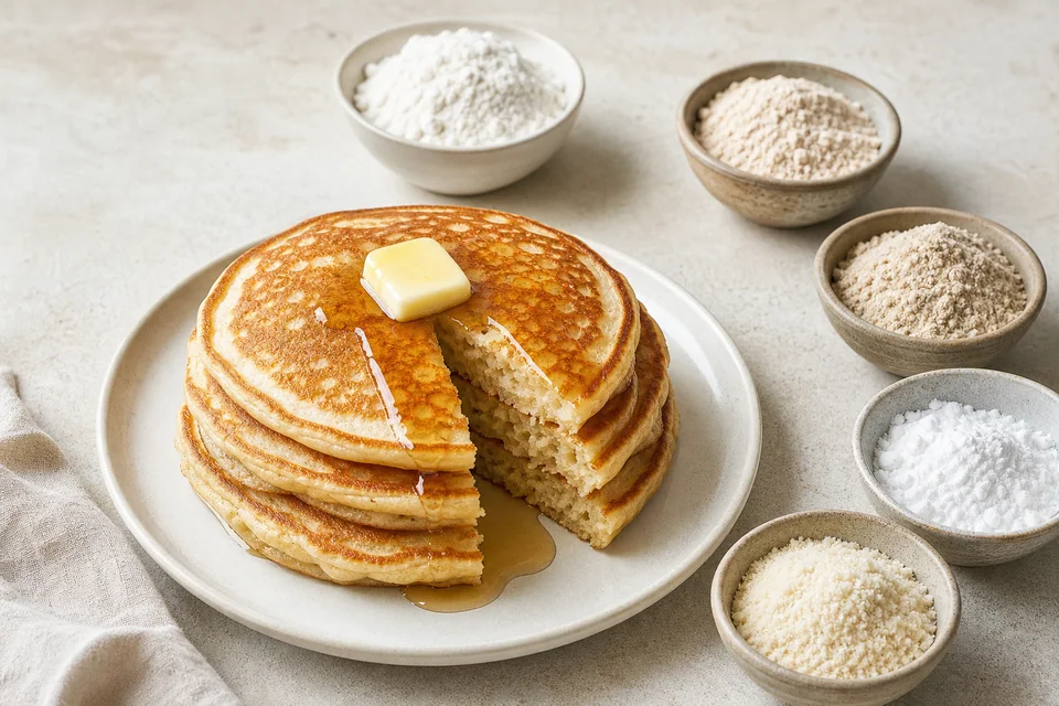 Finished gluten-free pancakes beside bowls of several alternative flours.