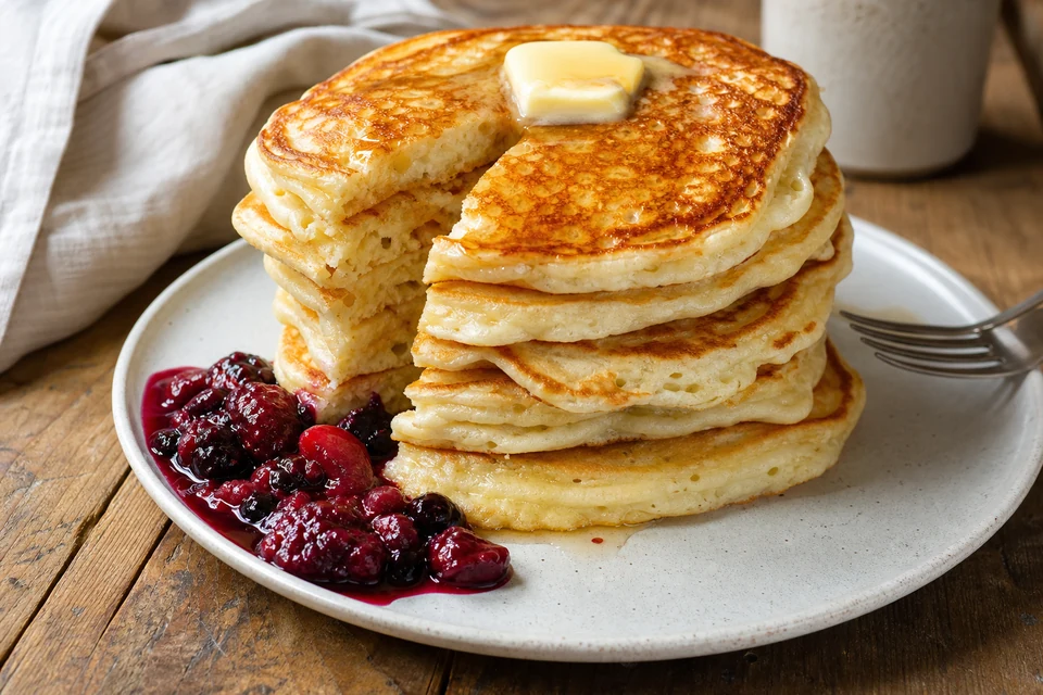 A handmade stack of fluffy golden pancakes with melting butter, a cut wedge showing the crumb, and berry compote.