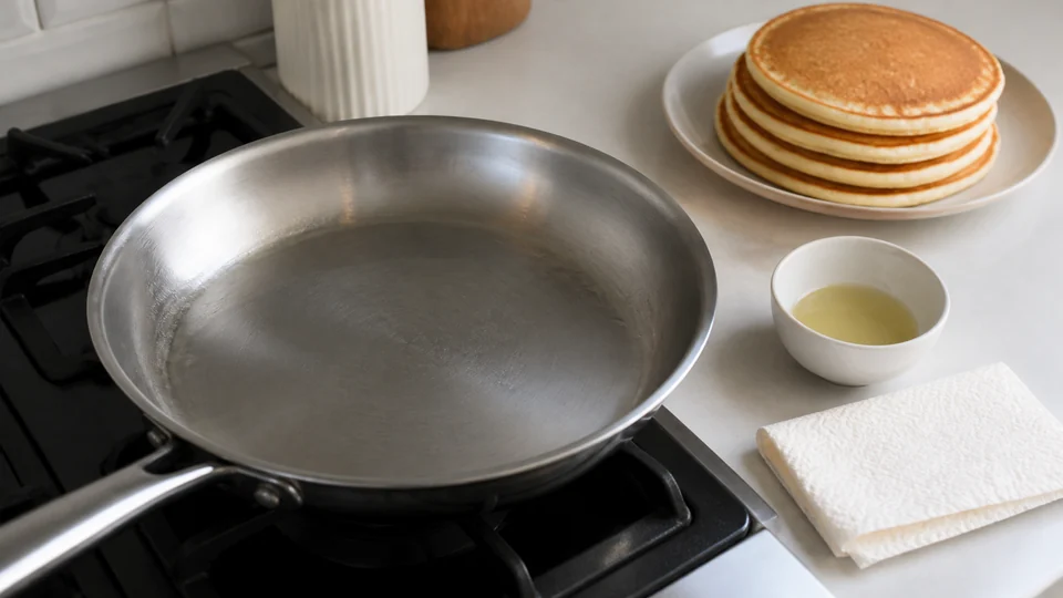 A clean skillet with a thin fat sheen beside a bowl of oil, paper towel and a stack of pancakes.