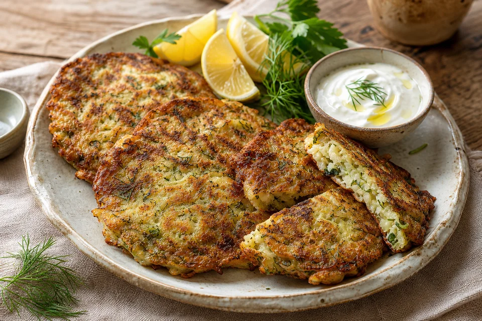 Golden Greek onion-and-herb pancakes on a ceramic platter with lemon, herbs, and yogurt.