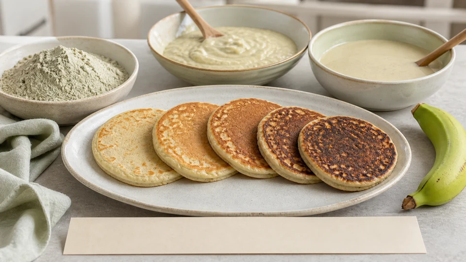Green banana flour, two batters of different thickness and pancakes with a browning progression beside one unripe banana.