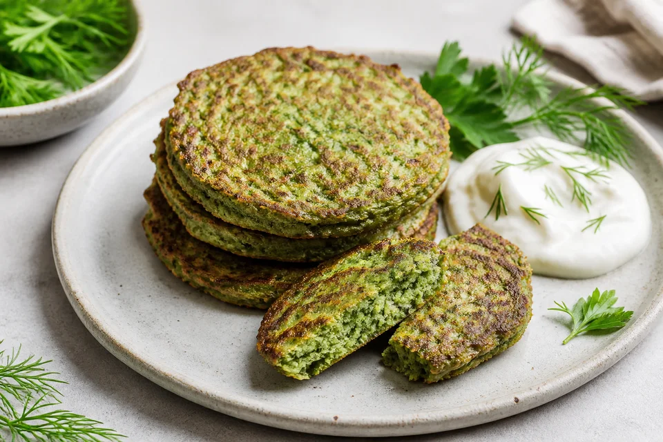 Naturally green spinach-and-herb pancakes with browned edges, yogurt, and one cut tender centre.