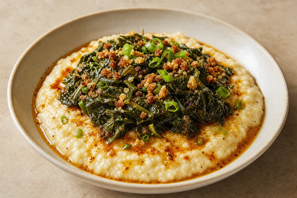 Finished bowl of creamy grits topped with cooked dark greens, glossy brown-butter hot sauce, scallions, and toasted breadcrumbs.