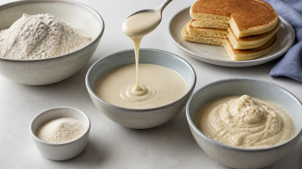 Small powder bowl, flour, flowing and over-thick batter states, and finished pancakes arranged illustratively