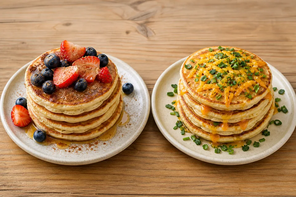 Two finished pancake plates from one base mix: berries and cinnamon on one, melted cheese and chopped herbs on the other.