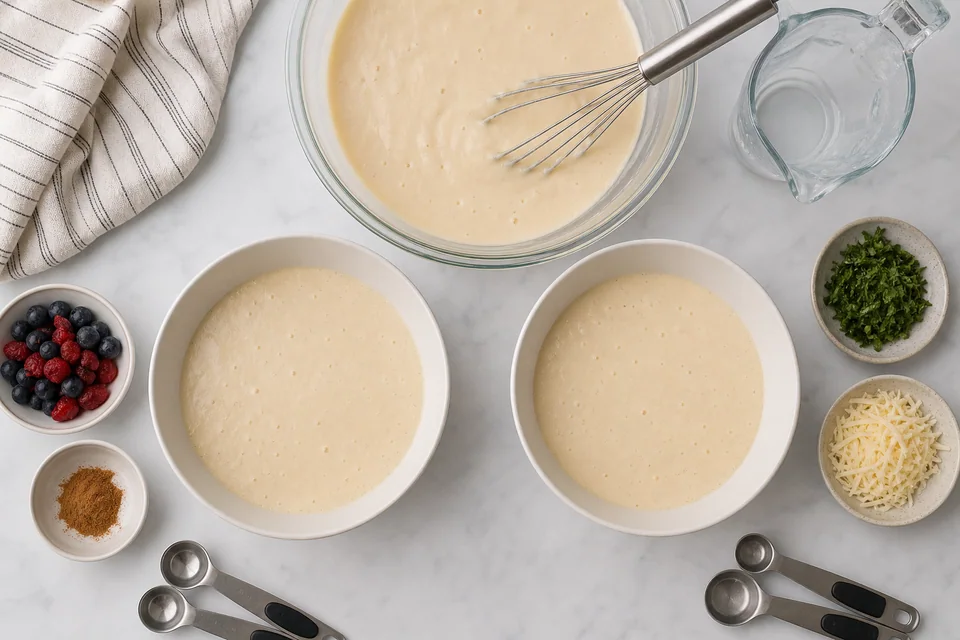 Neutral pancake batter divided evenly into two bowls beside measured berries, cinnamon, herbs, and grated cheese.