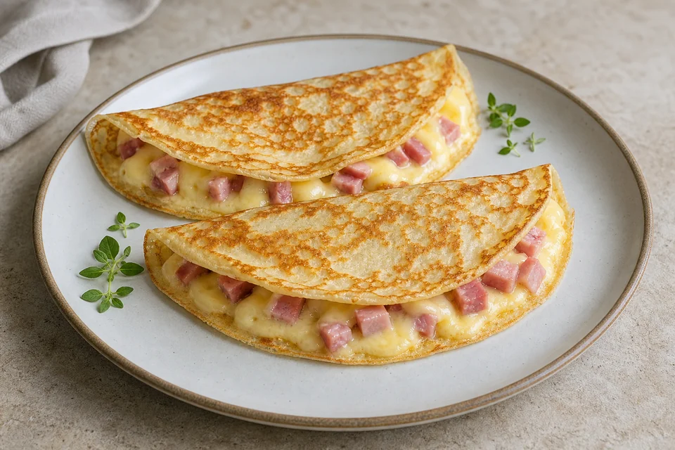 Two finished folded savoury pancakes filled with diced cooked ham, melted cheese, and herbs