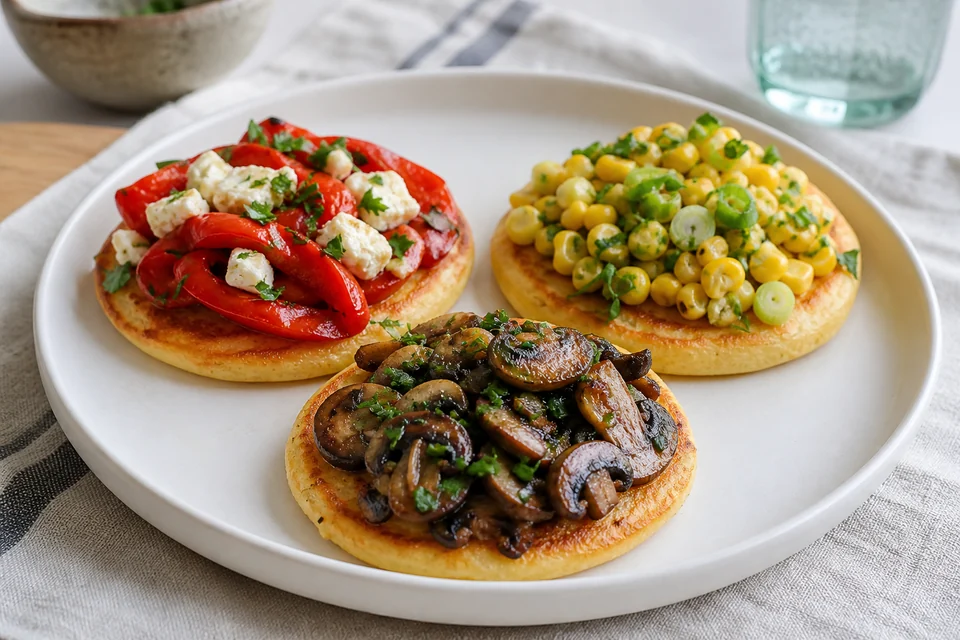 Three finished savoury pancakes topped with roasted pepper and feta, mushrooms and herbs, and corn with spring onion