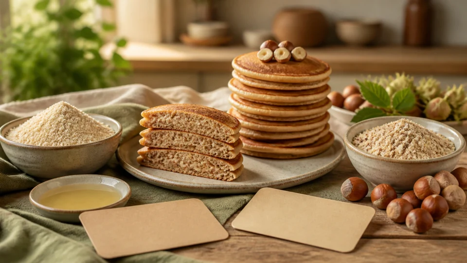 Hazelnut-colored pancakes beside fine hazelnut flour, coarser meal, whole hazelnuts, oil and blank comparison cards.