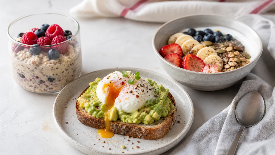 Breakfast selection board with oats, fruit, toast, eggs and a plant-based bowl in separate portions