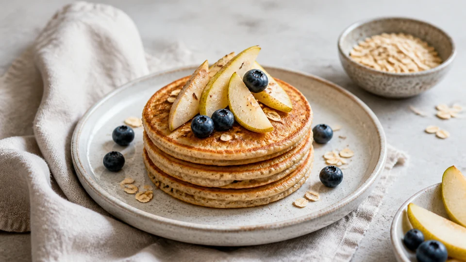 Vegan oat pancakes topped with sliced fruit beside oats and a bowl of flowing batter