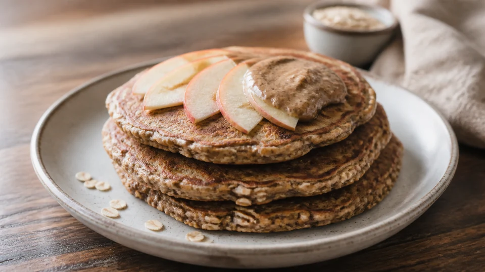Oat-based vegan pancakes with two batter bowls showing flowing and overly thick textures