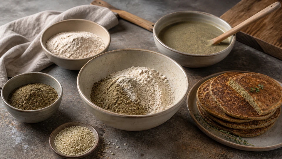 Dark hemp flour, pale supporting flour, a partial blend, earthy batter and rustic pancakes