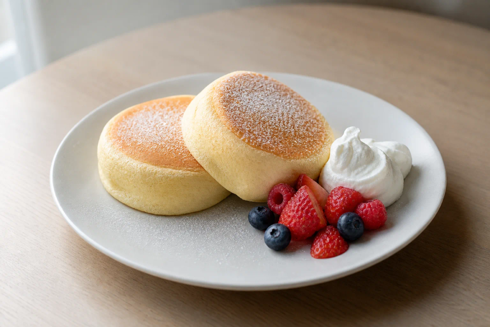 Two finished Japanese souffle pancakes served with berries on a ceramic plate.
