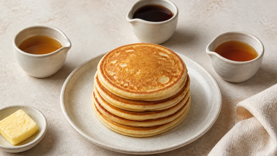 Finished pancakes with three unbranded liquid sweeteners served separately for comparison.