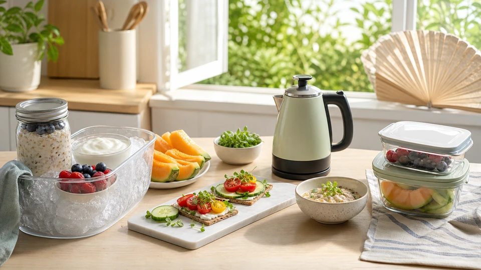 Breakfast planning scene for Hot-Weather Breakfast Without the Oven, showing the summer-breakfast components in practical service order.