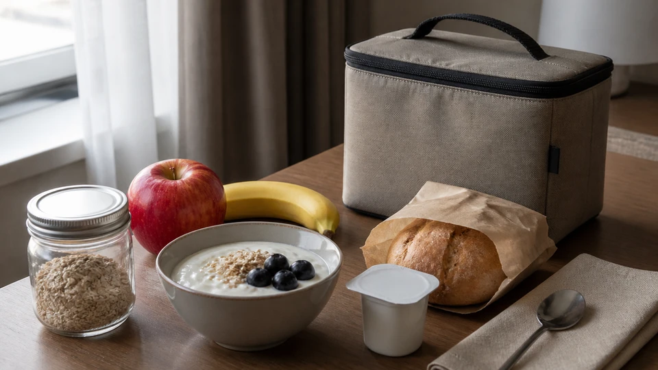 A ready-to-eat hotel-room breakfast with fruit, yogurt, oats and bread.