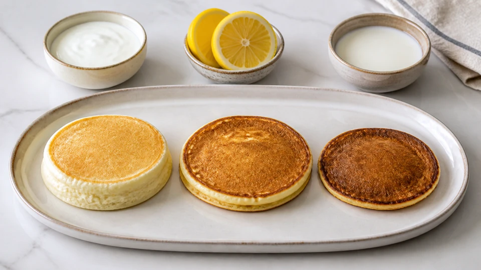 Three pancakes showing different rise and browning beside plain dairy and lemon.