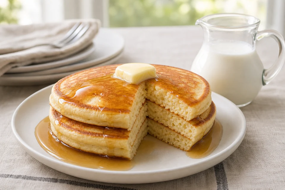Finished buttermilk pancakes with an even airy crumb.