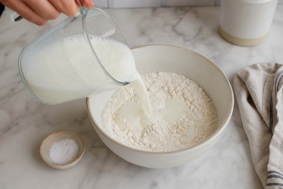 Cultured buttermilk being added to pancake dry ingredients beside baking soda.