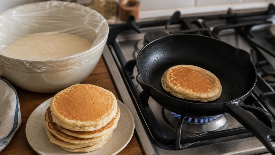 Editorial breakfast scene illustrating How Long Pancake Batter Can Rest: Heat, Release and Batch Method
