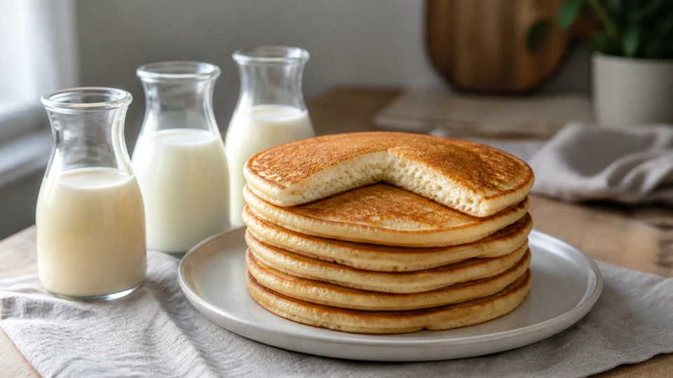 Cut pancakes beside three unlabelled milk vessels.