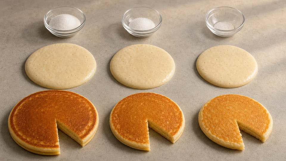 Editorial setup illustrating how reduced sugar changes pancake spread and softness.