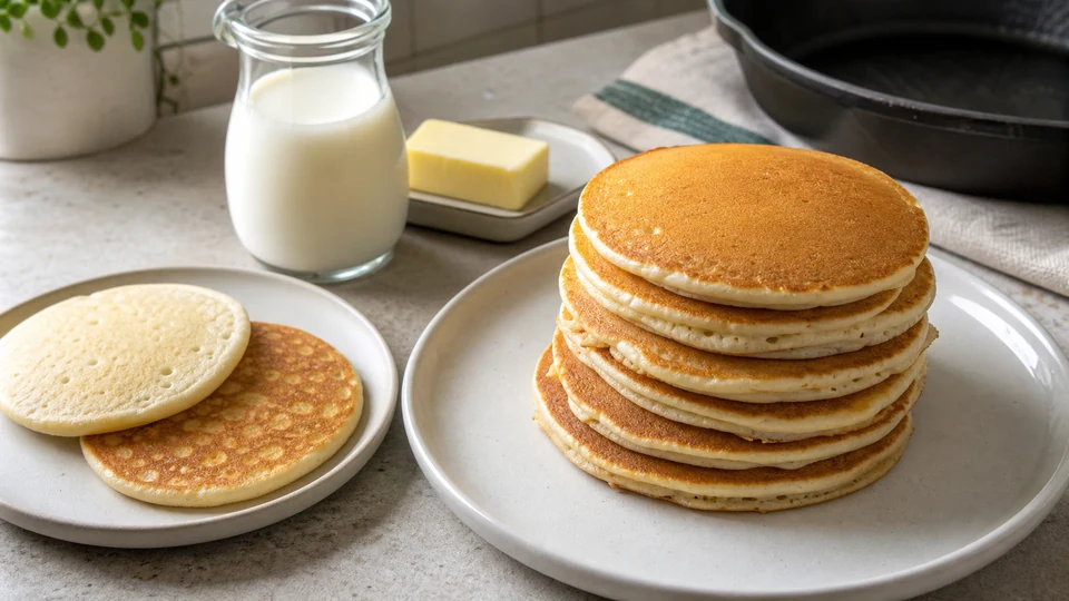 Golden pancakes cooking on a lightly greased surface without a sugary topping.