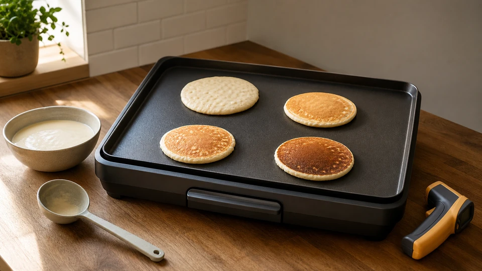 Editorial setup illustrating how to calibrate an electric griddle for pancakes.