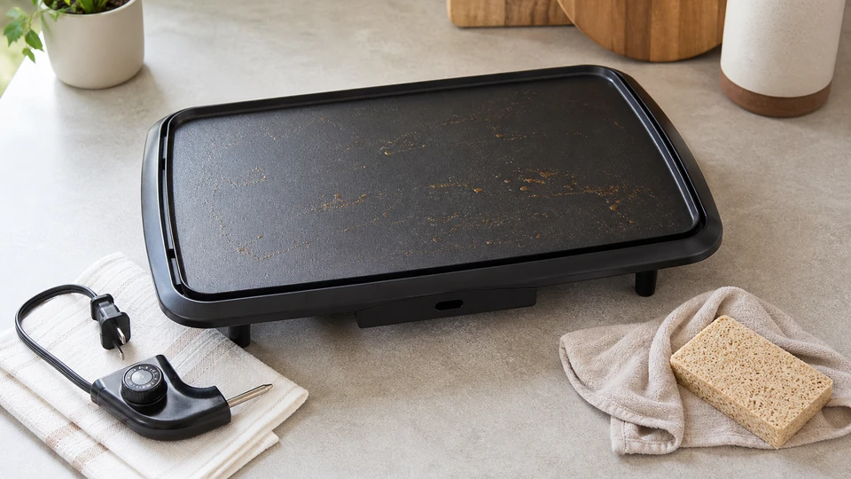 Unplugged electric griddle with detached control and nonabrasive cleaning tools after use