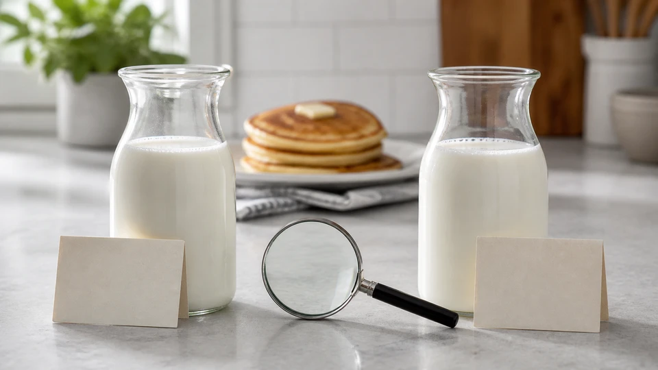 Two unbranded buttermilk carafes with blank comparison cards, a magnifying glass and pancakes.