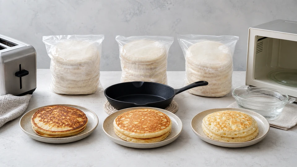 Editorial setup illustrating how to compare frozen pancakes by label and reheating method.