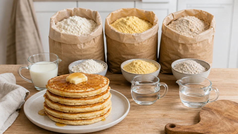 Several gluten-free pancake mix ingredient labels compared beside finished pancakes and separate preparation ingredients.
