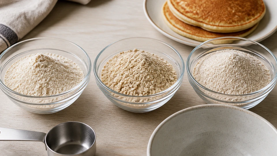 Three unbranded dry pancake mixes in glass bowls with a scoop, mixing bowl and finished pancakes.