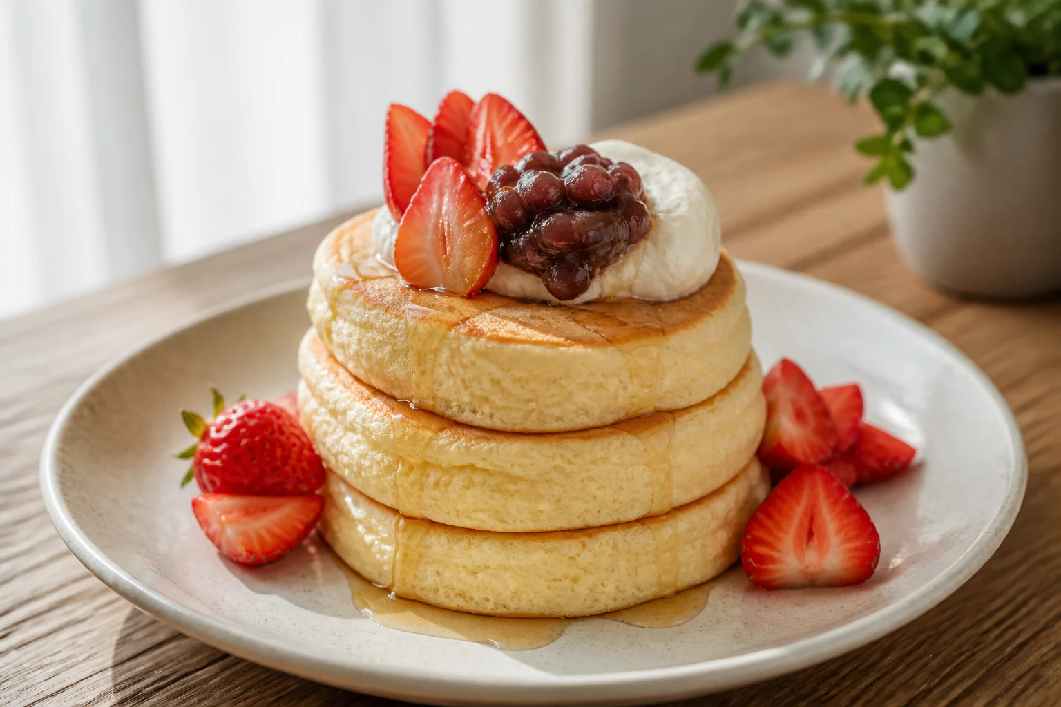 Finished tall Japanese souffle pancakes with cream, strawberries, and azuki