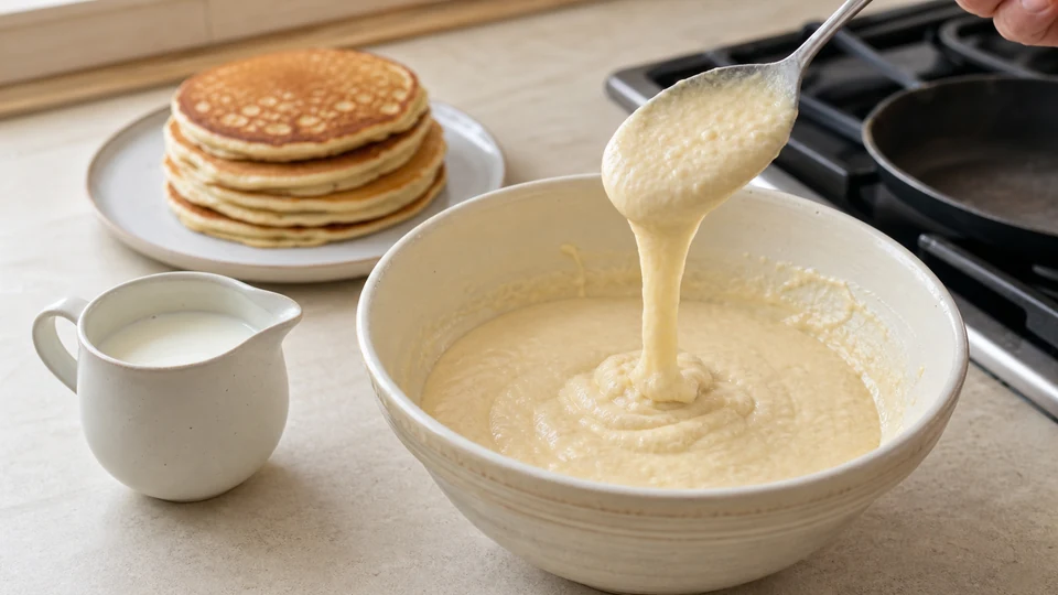 A bowl of pancake batter beside a whisk, measuring cup, and skillet in a neutral kitchen setting.