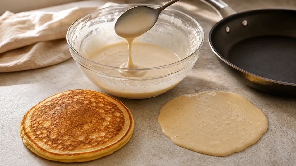 Editorial setup illustrating how to fix pancake batter that is too thin.