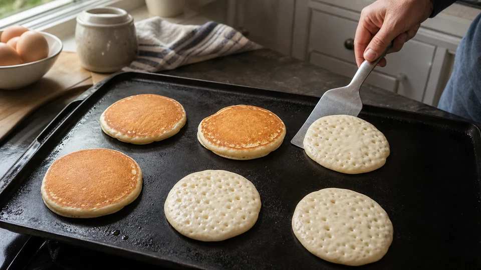 Six pancakes on a full griddle, with three turned and three still bubbling as a spatula follows the cooking order.