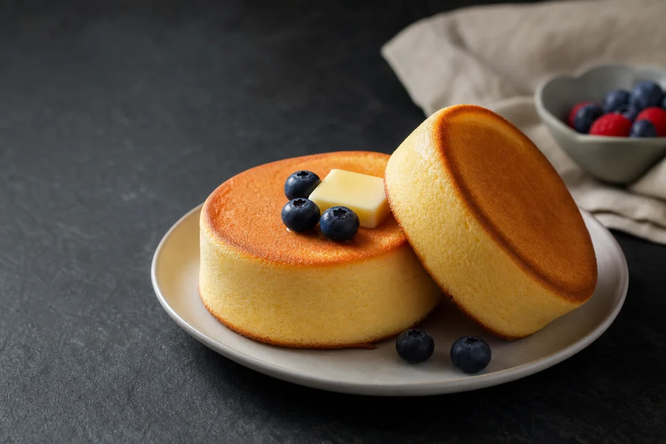 Two compact Japanese pancakes with evenly browned tops, intact sides, butter, and blueberries.
