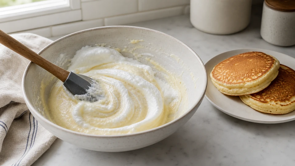 Editorial setup illustrating how to fold whipped egg whites into pancake batter.