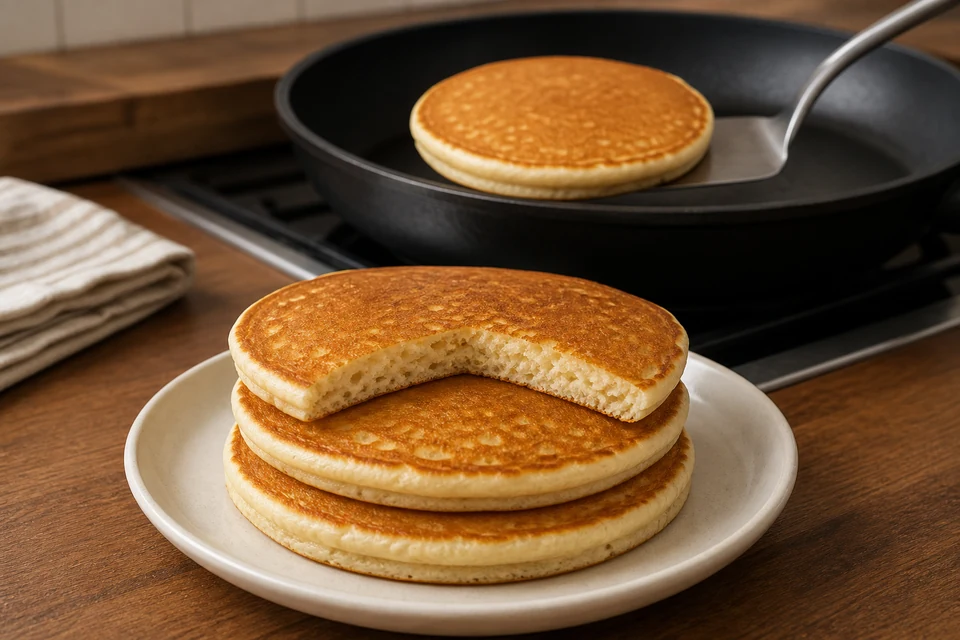 Finished golden pancakes with one pancake being turned by a broad spatula