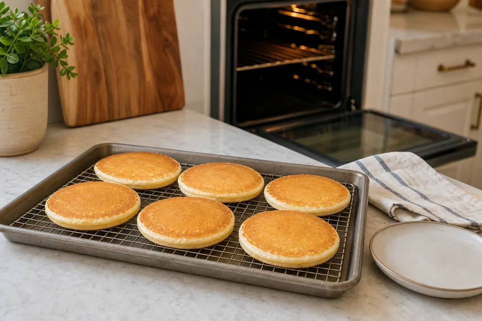 Freshly cooked pancakes held in a single layer on a wire rack over a tray beside an open warm oven.