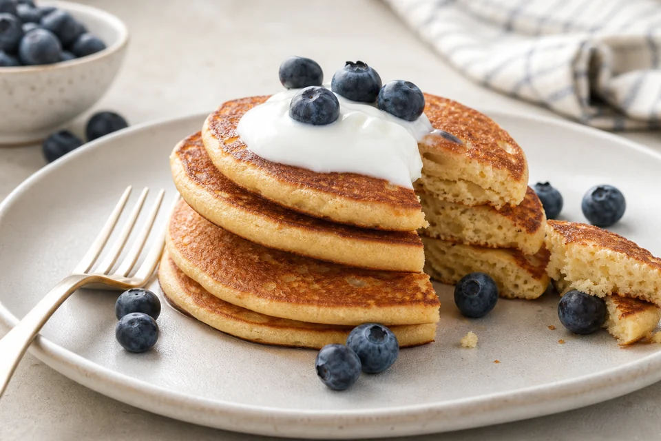 Finished almond flour pancakes with blueberries, yogurt, and a cut edge showing tender crumb.