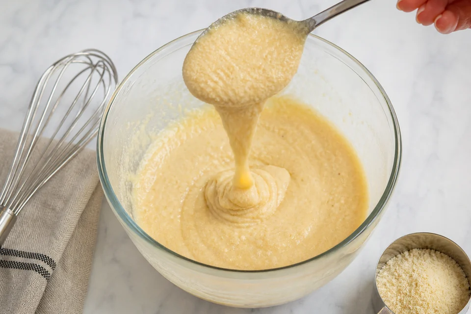 Thick almond flour pancake batter falling slowly from a spoon after its hydration rest.