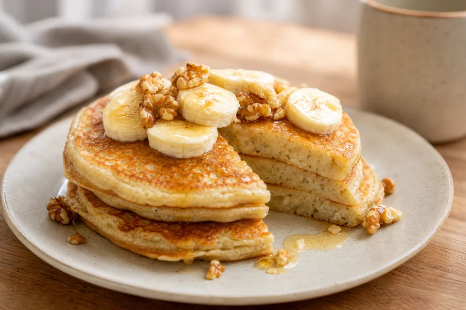Finished banana pancakes with banana slices, walnuts, honey, and a fully cooked cut crumb