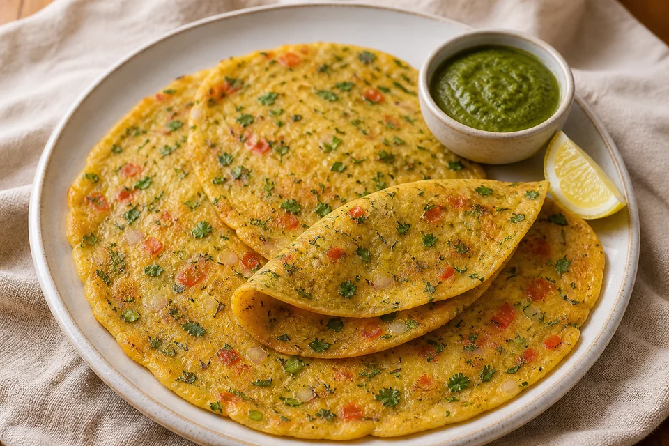 Thin golden besan chilla flecked with tomato, onion, chili, and coriander beside green chutney.