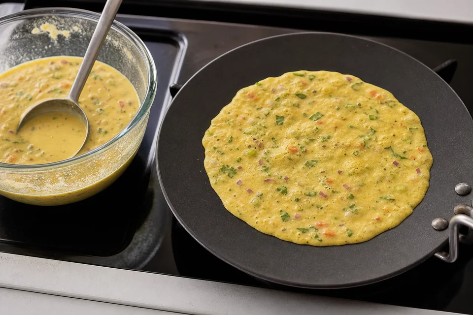 Besan chilla batter spreading thinly across a hot skillet with vegetable flecks visible.